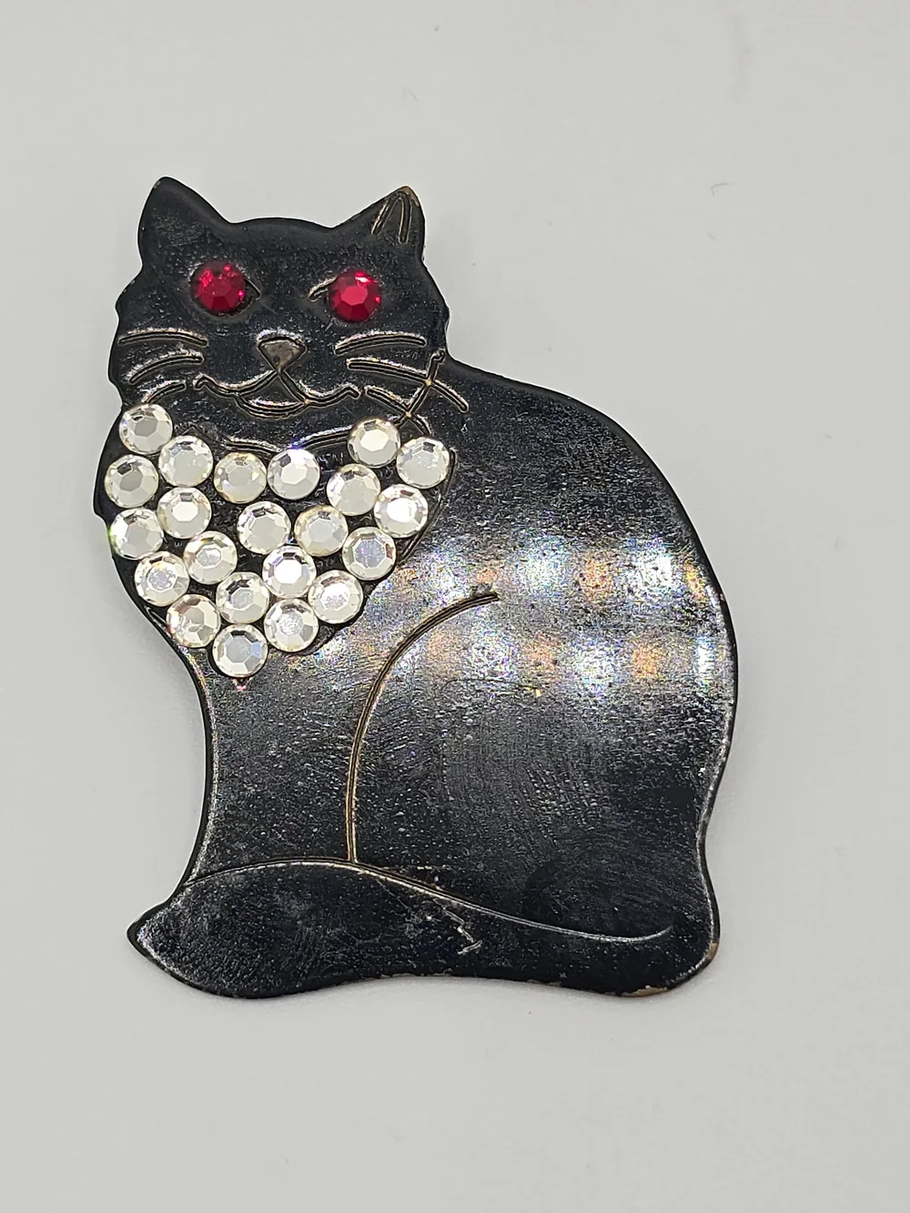 Vintage Black Cat Brooch Rhinestone Collar Red Eyes Solid Brass Kitty 1-7/8